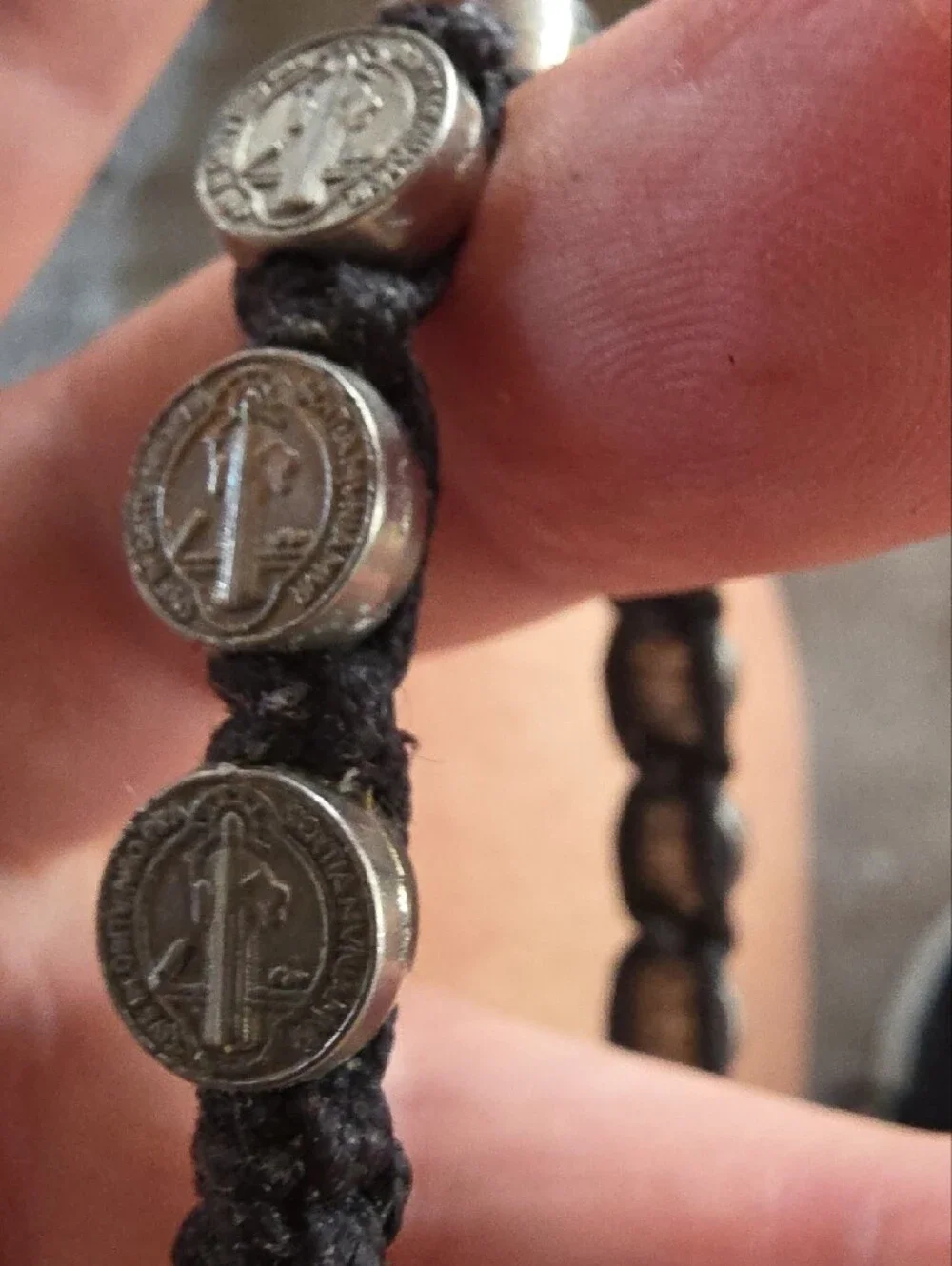 Unisex Black Cord Macrame Bracelet with Silver Saint Benedict Metals  Medallions